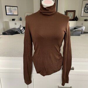 Anthropologie LS Mock Nk Viscose Blend Fine Ribbed Top Chocolate Brown Sz S NWOT